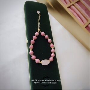 - 18K GP Natural Rhodonite & Rose Quartz Gemstone Bracelet